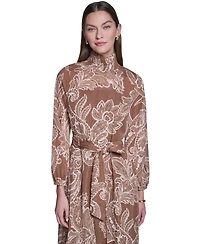 Halston Women's Paisley-Printed Long-Sleeve Chiffon Midi Dress