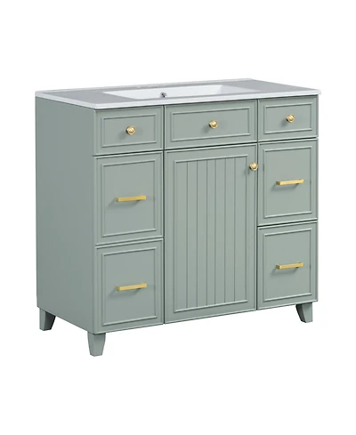 Busdays 36 Inch Bathroom Vanity with Ceramic Sink Solid Wood Frame Soft Close Doors Adjustable Shelves 3 Drawers Double Depth Drawer for Hairdryer