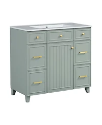 Busdays 36 Inch Bathroom Vanity with Ceramic Sink Solid Wood Frame Soft Close Doors Adjustable Shelves 3 Drawers Double Depth Drawer for Hairdryer