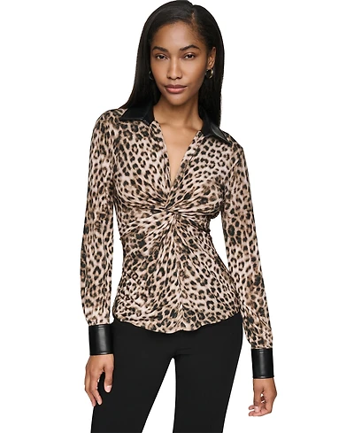 Dkny Women's Leopard-Print Faux-Leather Blouse