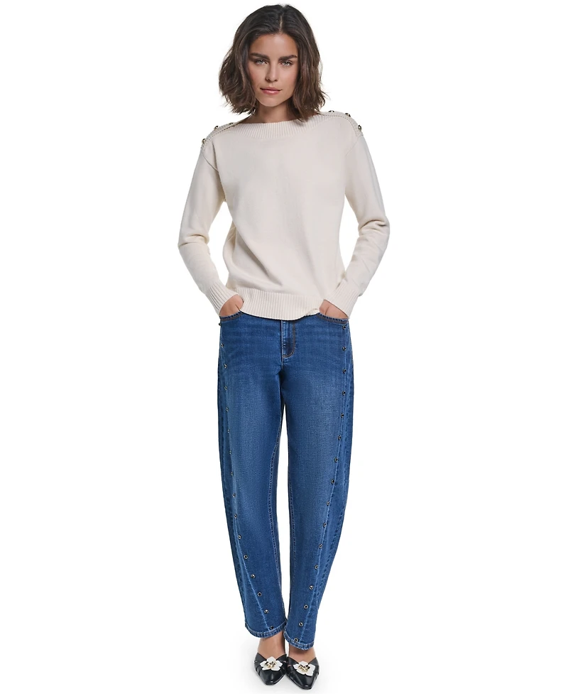 Karl Lagerfeld Paris Women's Button Shoulder Boat Neck Long-Sleeve Sweater