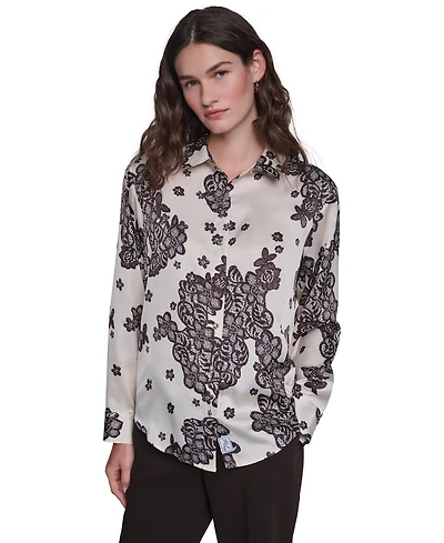 Karl Lagerfeld Paris Women's Long-Sleeve Printed Collared Blouse