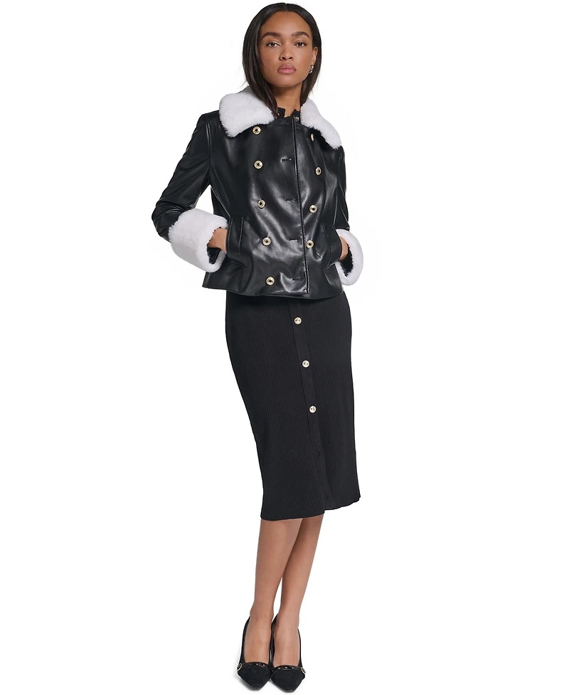 Karl Lagerfeld Paris Women's Faux Fur Collar Double-Breasted Jacket