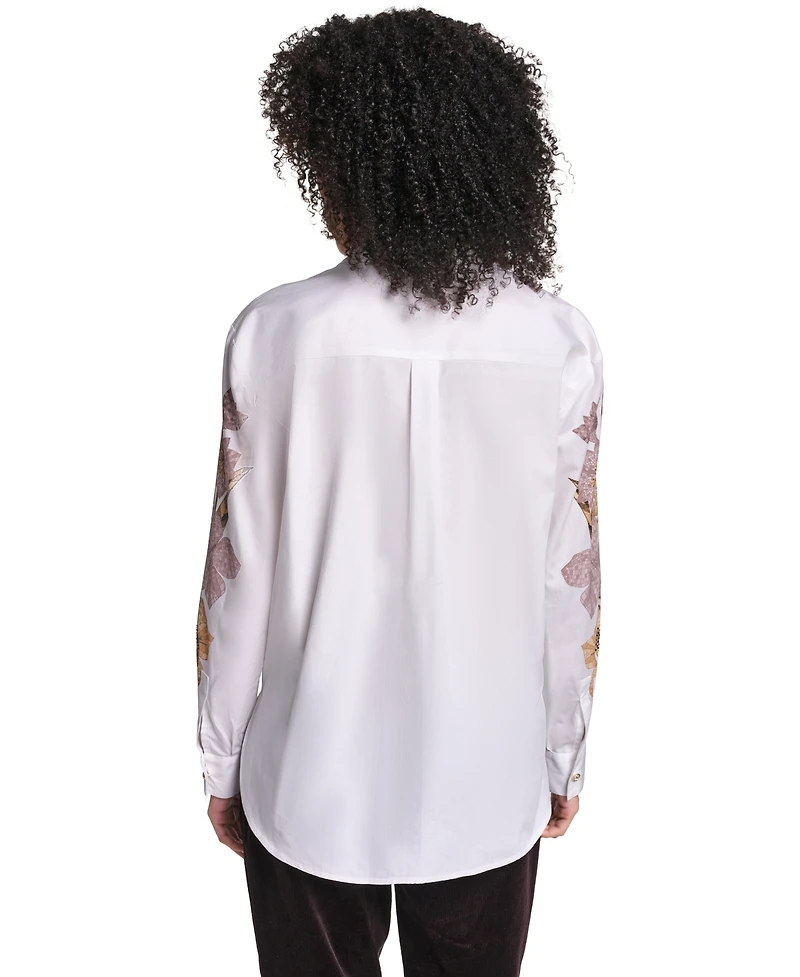 Karl Lagerfeld Paris Women's Floral-Print Long-Sleeve Hotfix Rhinestone Blouse
