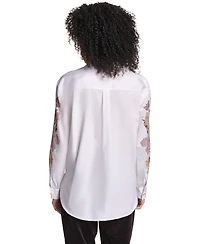 Karl Lagerfeld Paris Women's Floral-Print Long-Sleeve Hotfix Rhinestone Blouse