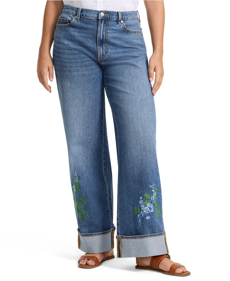Lands' End Women's Recover High-Rise Wide-Leg Embroidered Jeans