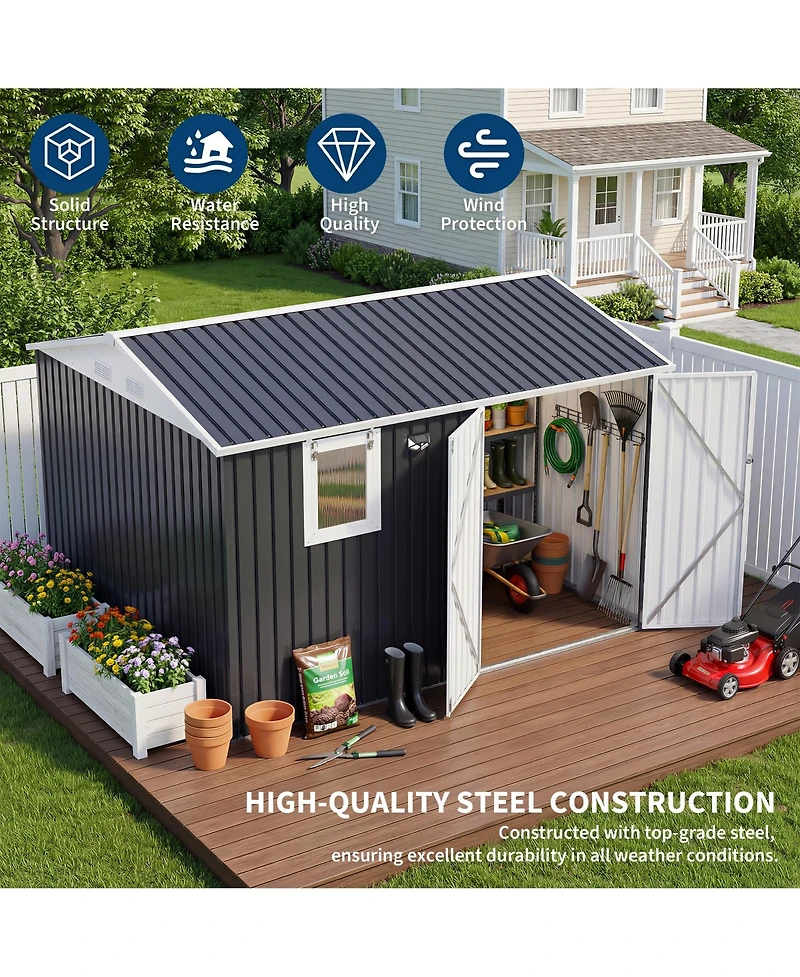10 x Ft Outdoor Storage Shed with Window, Pegboard and Solar Light, Metal Tool for Garden, Backyard, Patio