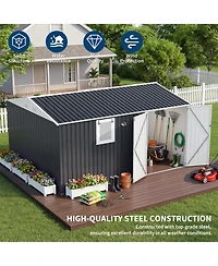 10 x Ft Outdoor Storage Shed with Window, Pegboard and Solar Light, Metal Tool for Garden, Backyard, Patio