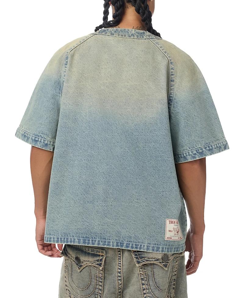 True Religion Men's Short-Sleeve Raglan Denim Baseball Shirt