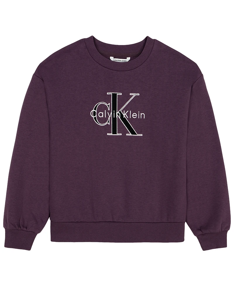 Calvin Klein Girls' 7-16 Monologo Drop-Shoulder Fleece Crewneck Sweatshirt