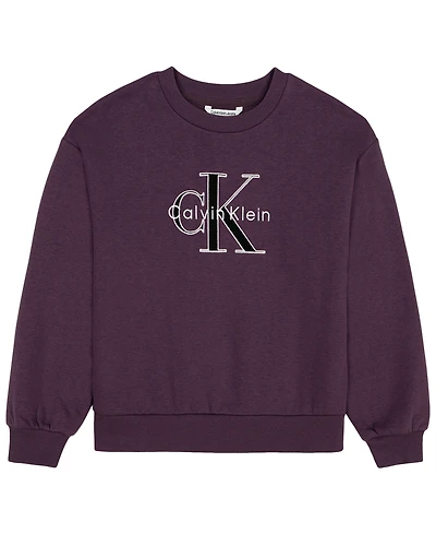 Calvin Klein Girls' 7-16 Monologo Drop-Shoulder Fleece Crewneck Sweatshirt