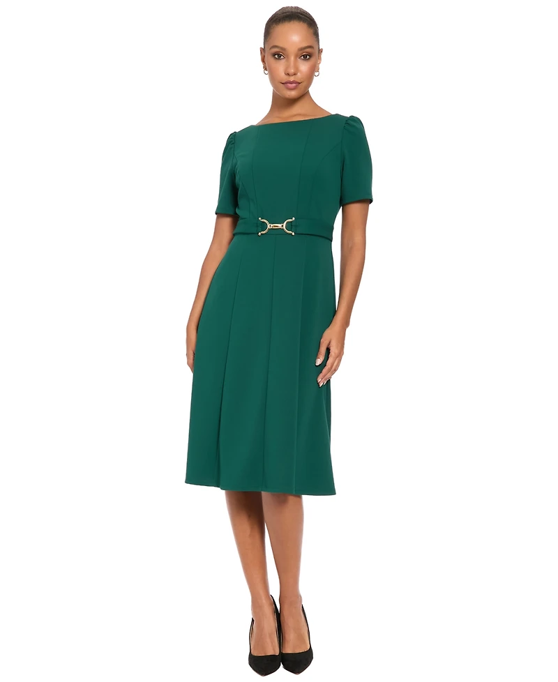 London Times Women's A-Line Belted Midi Dress