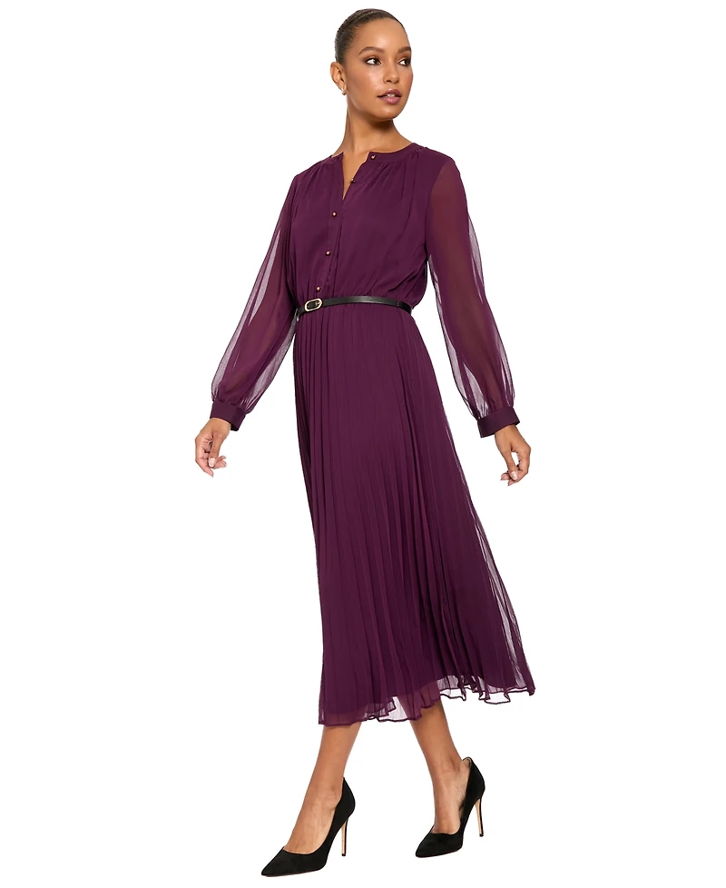 London Times Women's Tea Pleated Chiffon Midi Long-Sleeve Dress
