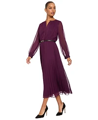 London Times Women's Tea Pleated Chiffon Midi Long-Sleeve Dress