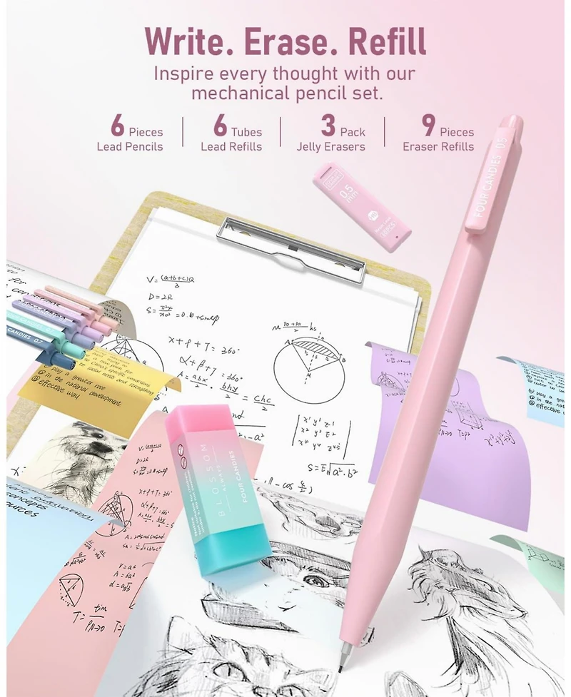 Four Candies 39Pieces Aesthetic Stationery Set w/Case, 12 Highlighters, 5 Gel Pens, 6 Pencils