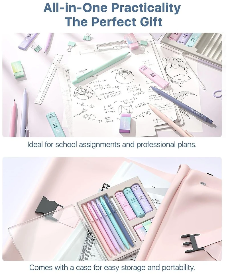 Four Candies Cute Mechanical Pencil Set 6 Pack 0.5mm, 360 Hb/2B Leads Erasers Storage Case, Triangular Grip