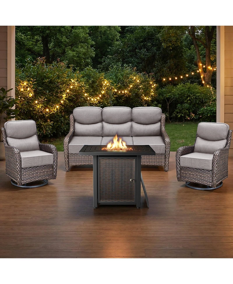 Pocassy Homile 4 Pieces Outdoor Wicker Sofa Conversation Set with Swivel Chairs, Fire Pit Table, 6inch Thick Cushions