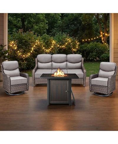 Pocassy Homile 4 Pieces Outdoor Wicker Sofa Conversation Set with Swivel Chairs, Fire Pit Table, 6inch Thick Cushions