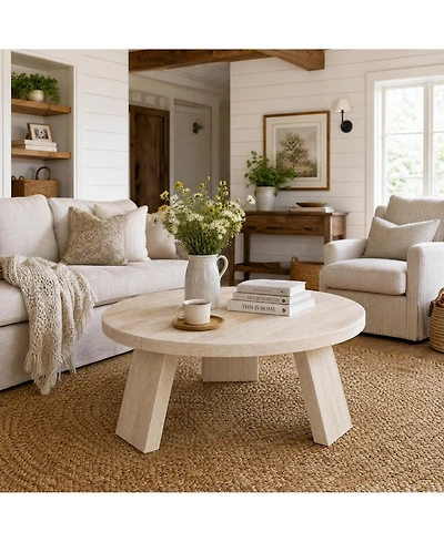 homfan Round Coffee Table 33.5 Inch Mid Century Wood Circle Center Table with Wood Legs Minimalist for Living Room Apartment Small Space