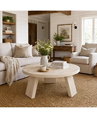 homfan Round Coffee Table 33.5 Inch Mid Century Wood Circle Center Table with Wood Legs Minimalist for Living Room Apartment Small Space