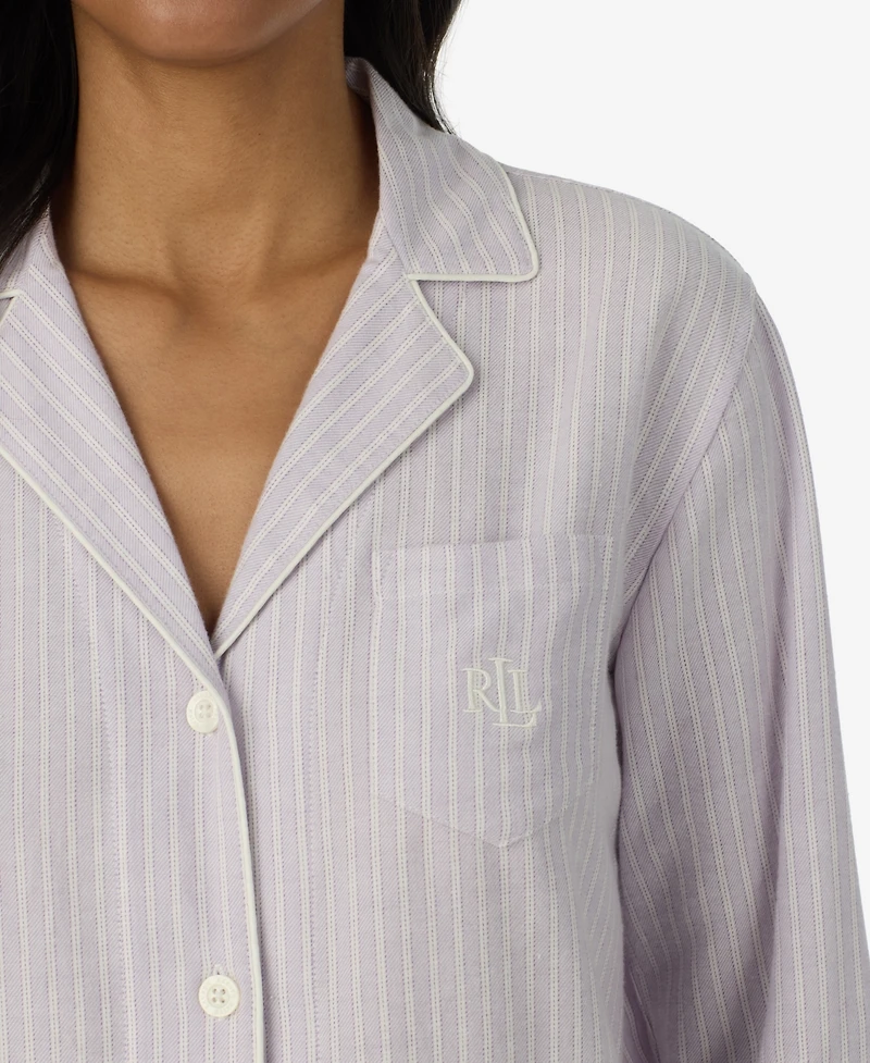 Lauren Ralph Women's Long-Sleeve Striped Notch-Collar Pajama Set
