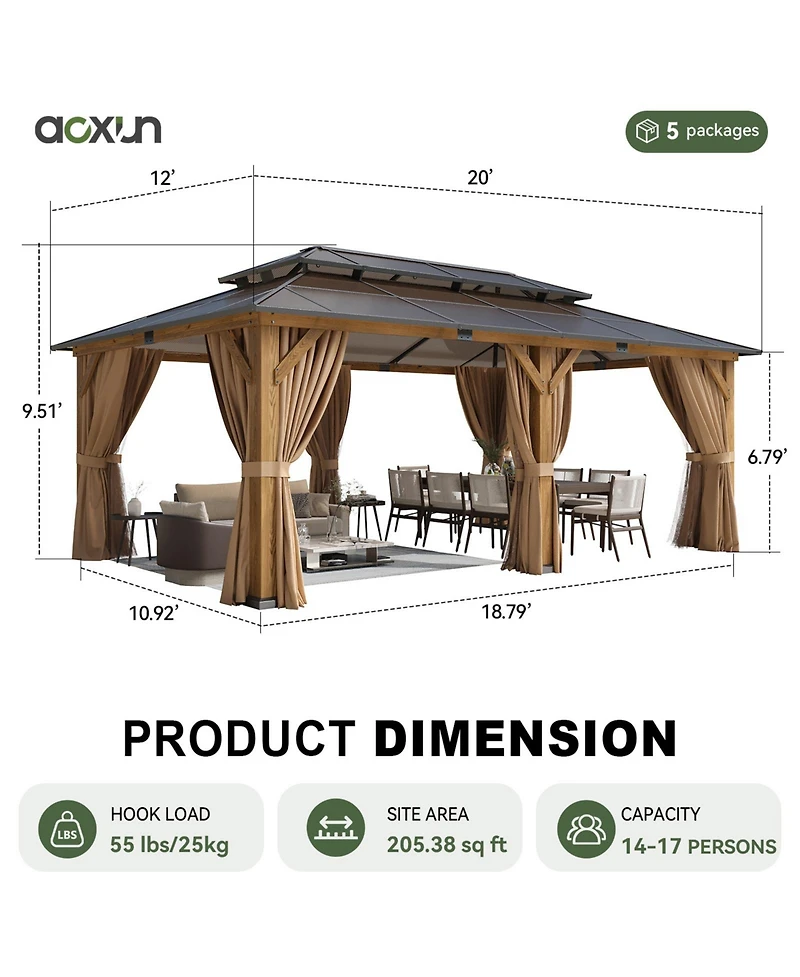 Aoxun Natural Wood Gazebo with Double Polycarbonate Roof