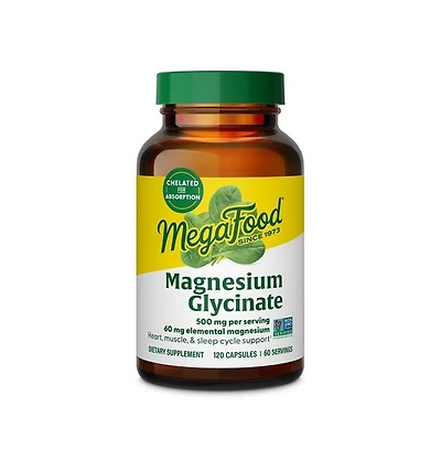 MegaFood Magnesium Glycinate 500mg Sleep and Stress Support 60 mg Elemental Magnesium 120 Capsules