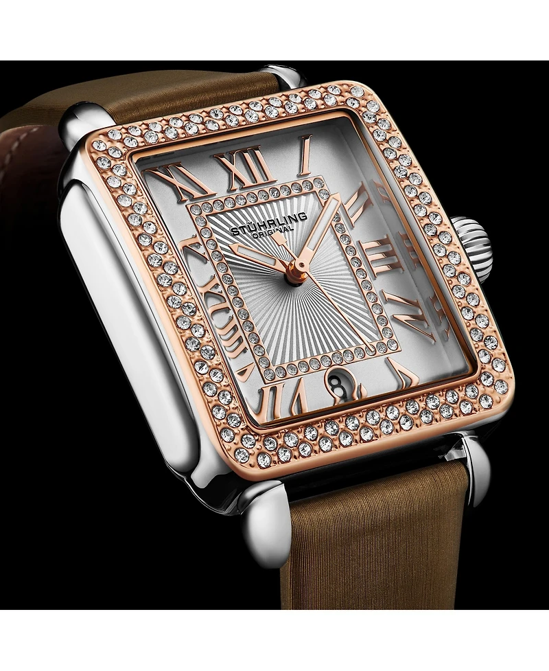 Elegant Women s Rectangular 35×47mm Dress Watch – Model 4060L.5, Rose Gold Crystal Bezel, Silver Case, Brown Leather Strap