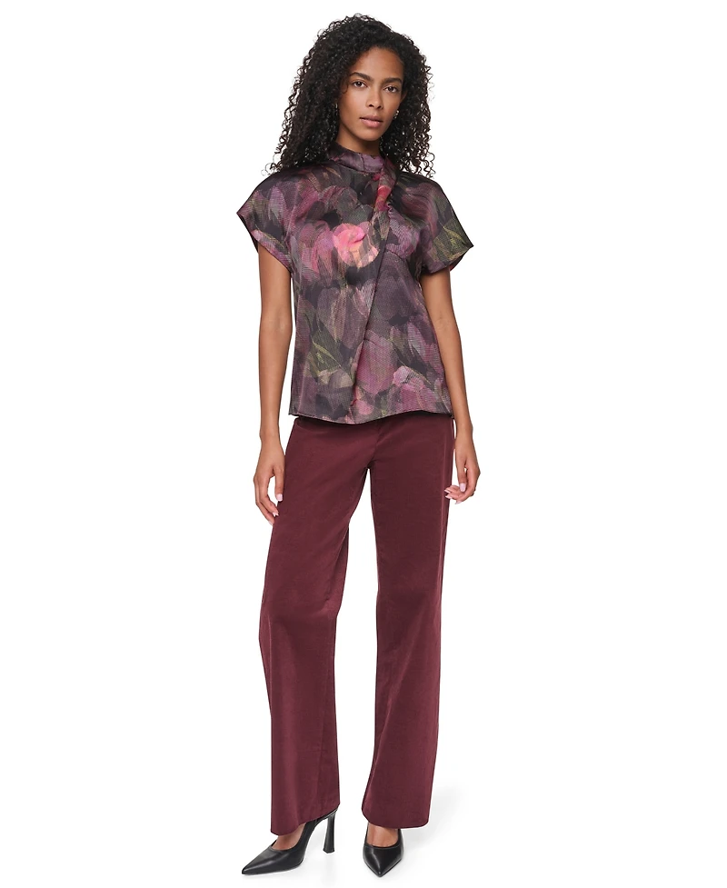 Dkny Women's Floral-Print Mock Neck Short-Sleeve Blouse