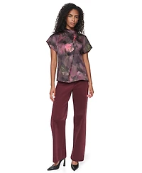 Dkny Women's Floral-Print Mock Neck Short-Sleeve Blouse