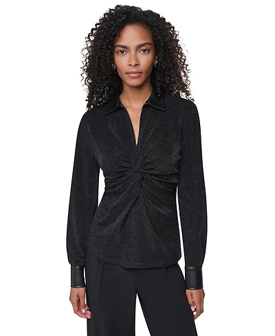 Dkny Women's Sparkle Knit Twist-Front Long-Sleeve Blouse