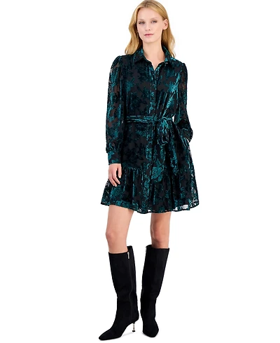 Anne Klein Petite Velvet Burnout Tiered Fit-and-Flare Shirt Dress