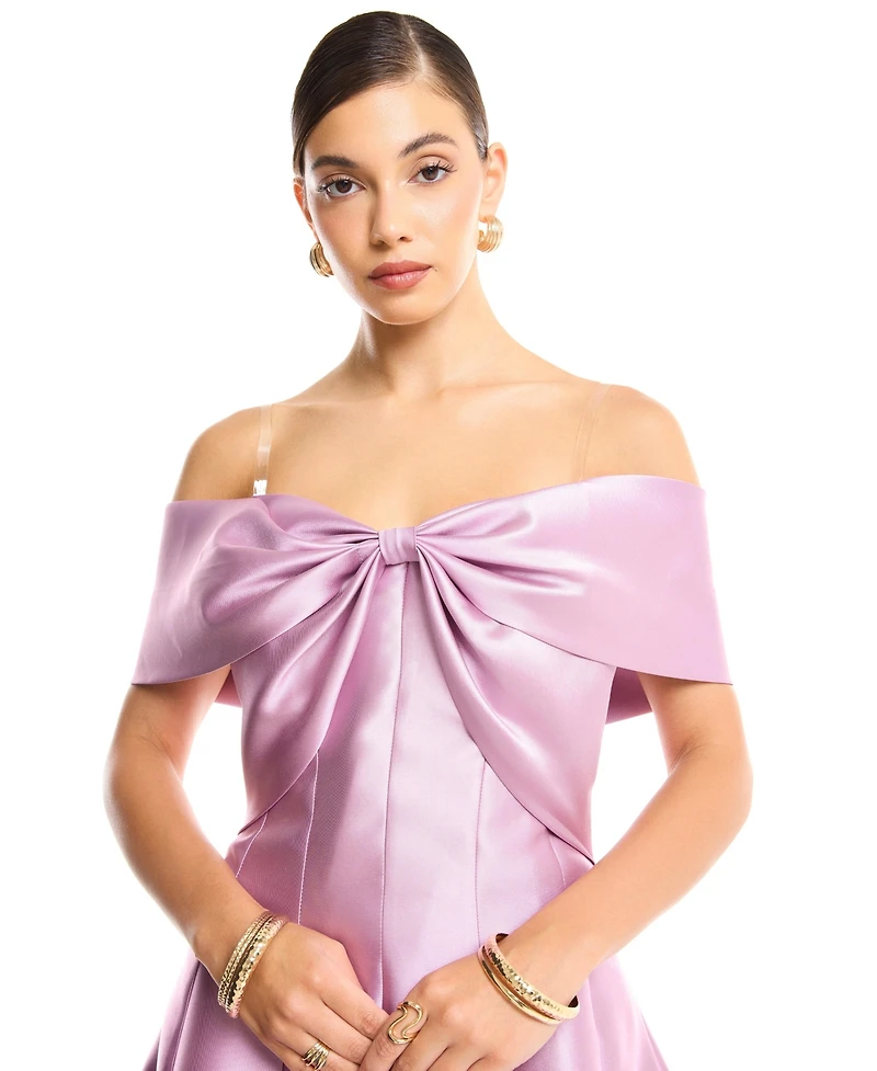 Amri Women's Off-Shoulder Bow Front Tea-Length Midi Dress Satin