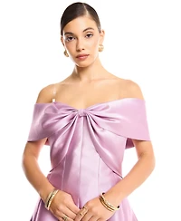 Amri Women's Off-Shoulder Bow Front Tea-Length Midi Dress Satin