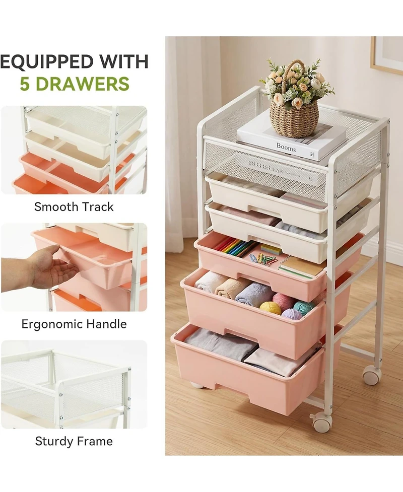 Tribesigns Rolling Craft Cart with 5 Drawers:Art cart organizer and storage on wheels.Utility cart with handles for crafts toys,school supplies