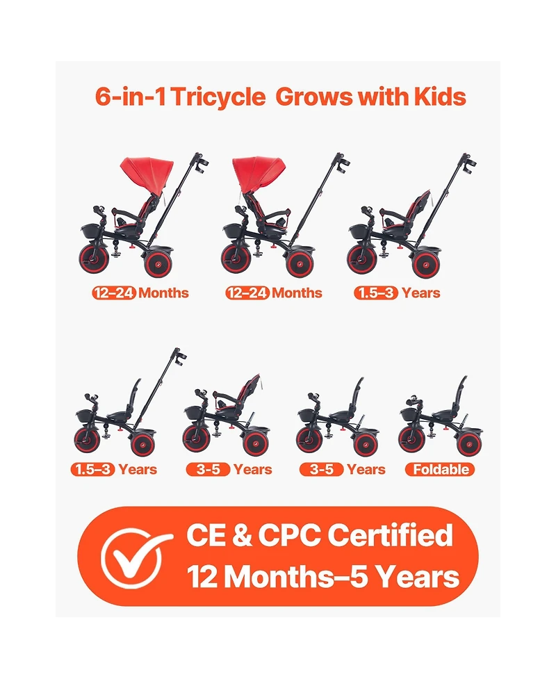 Sevorley 6-in-1 Toddler Tricycle with Parent Push Handle and Canopy, 55 lb Capacity, Ages 1-5