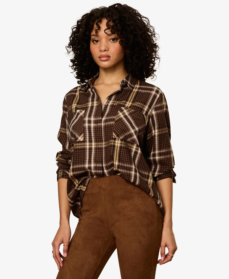 Sanctuary Petite City Plaid Long-Sleeve Button-Up Shirt