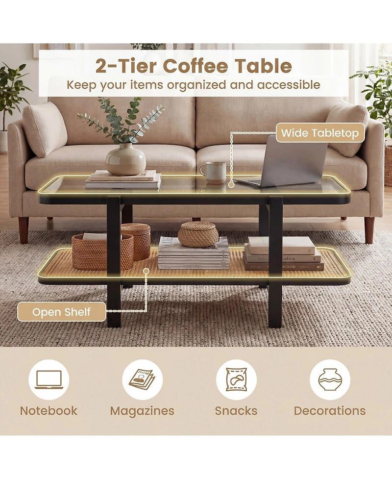 Costway 2-Tier Rustic Coffee Table with Storage Tempered Glass Tabletop Pe Rattan Shelf