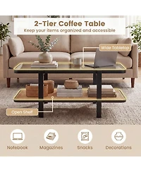 Costway 2-Tier Rustic Coffee Table with Storage Tempered Glass Tabletop Pe Rattan Shelf