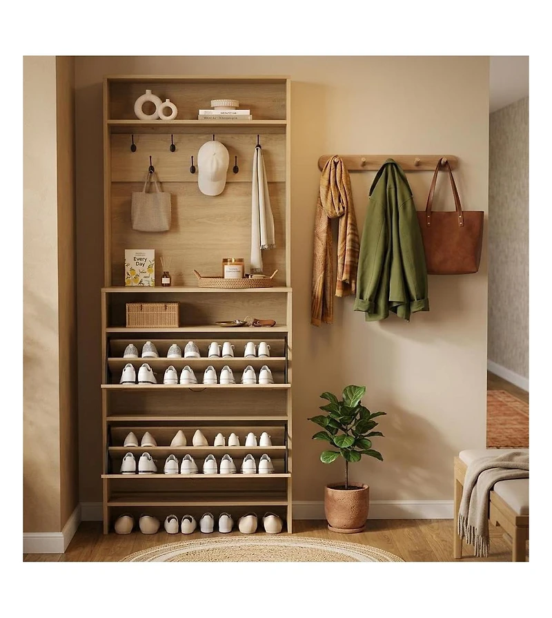 Slim Entryway Shoe Storage Cabinet, Hall Tree with 7 Coat Hooks and Open Shelf, Adjustable Anti-Tip Kit