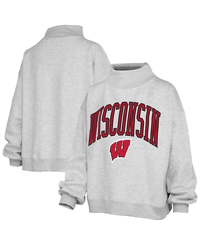 Pressbox Women's Nelson Texture Lingo Wisconsin Badgers Oversized Dropped-Shoulder Long-Sleeve Mock Neck Fleece Sweatshirt