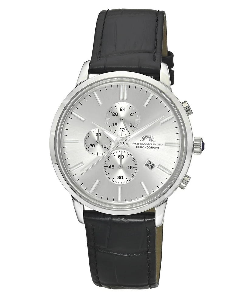 Porsamo Bleu Men's Aura Chronograph Black Genuine Leather Band Silver Tone Watch 44 mm