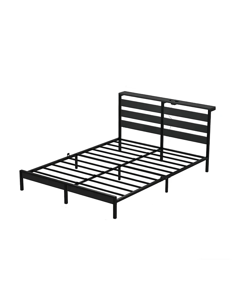 Streamdale Furniture Queen Metal Platform Bed with Led, Usb, and Headboard