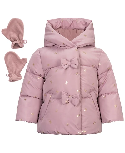 S Rothschild & Co Baby Girls' Hooded Foil-Print Fleece-Lined Puffer Jacket and Mittens, 2-Piece Set
