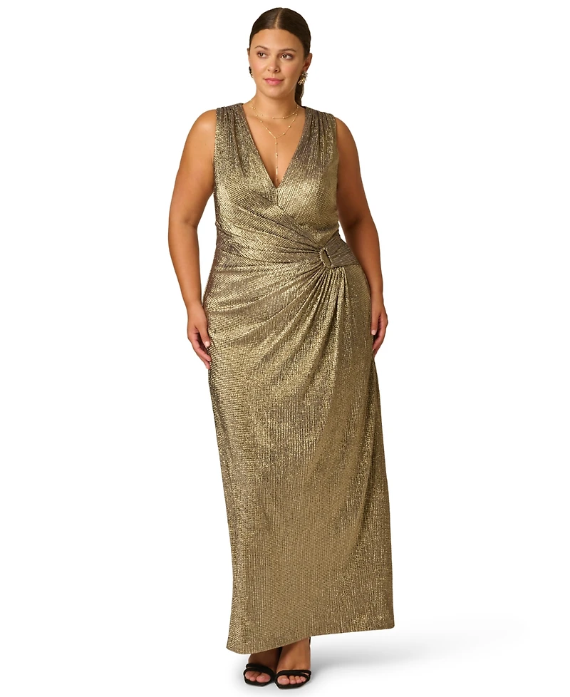 Adrianna Plus Metallic Knit Plunging V-Neck Gown