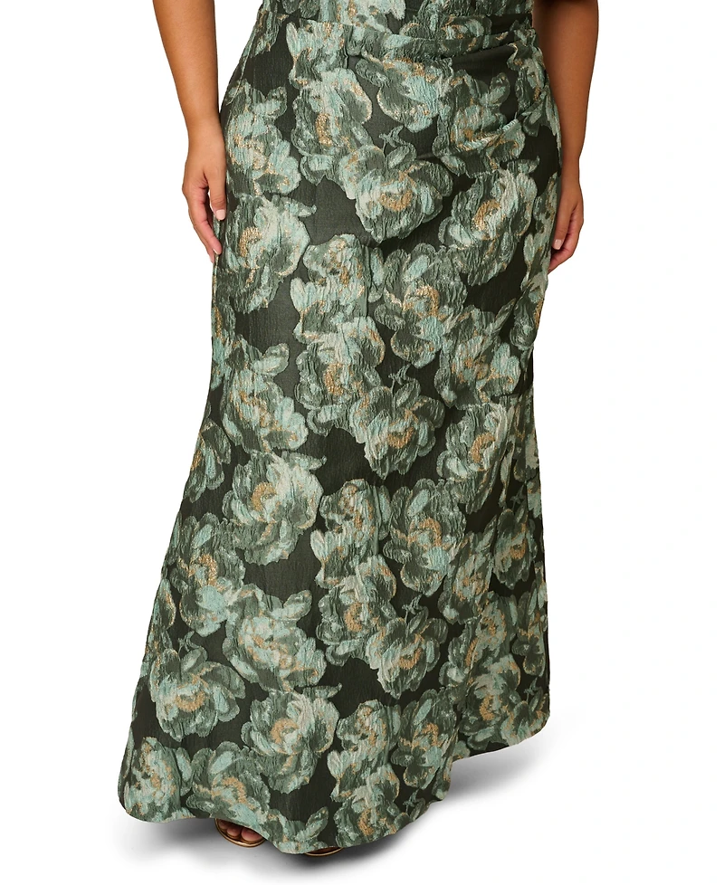 Adrianna Papell Plus Floral Asymmetrical Neckline Short Sleeve Gown