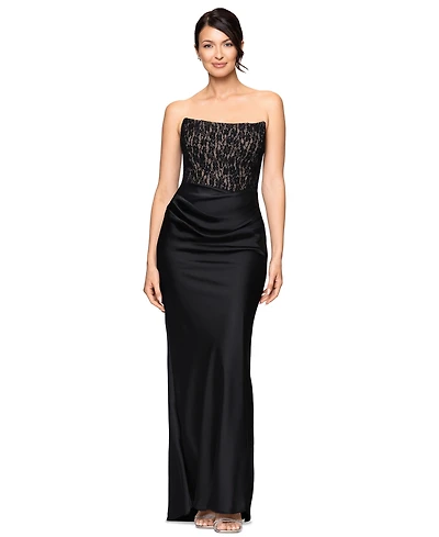 Betsy & Adam Petite Off-the-Shoulder Lace Ruched Gown