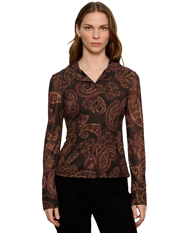 Sanctuary Petite Long-Sleeve Mesh Paisley Blouse