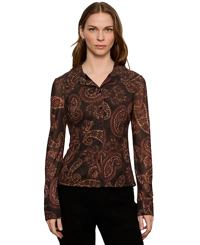 Sanctuary Petite Long-Sleeve Mesh Paisley Blouse