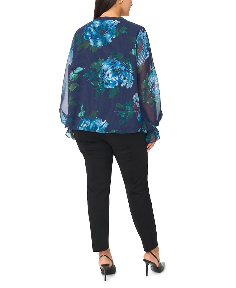 Vince Camuto Plus Split-Neck Floral-Print Long-Sleeve Blouse